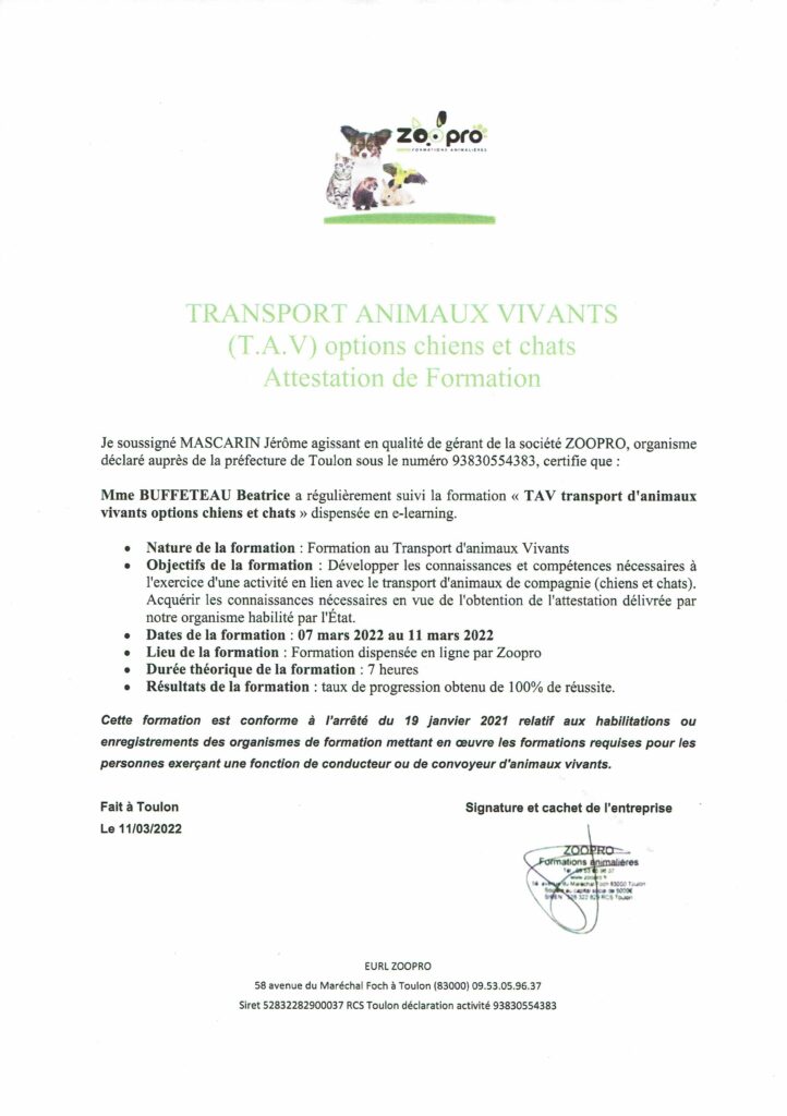 Pour transporter collectivement des animaux, le TAV est un diplôme obligatoire