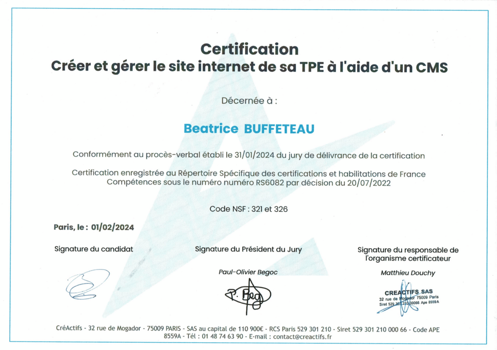 diplôme de certification que j'ai obtenu pour gérer et créer mon site internet, promenadecanineorvanne.com